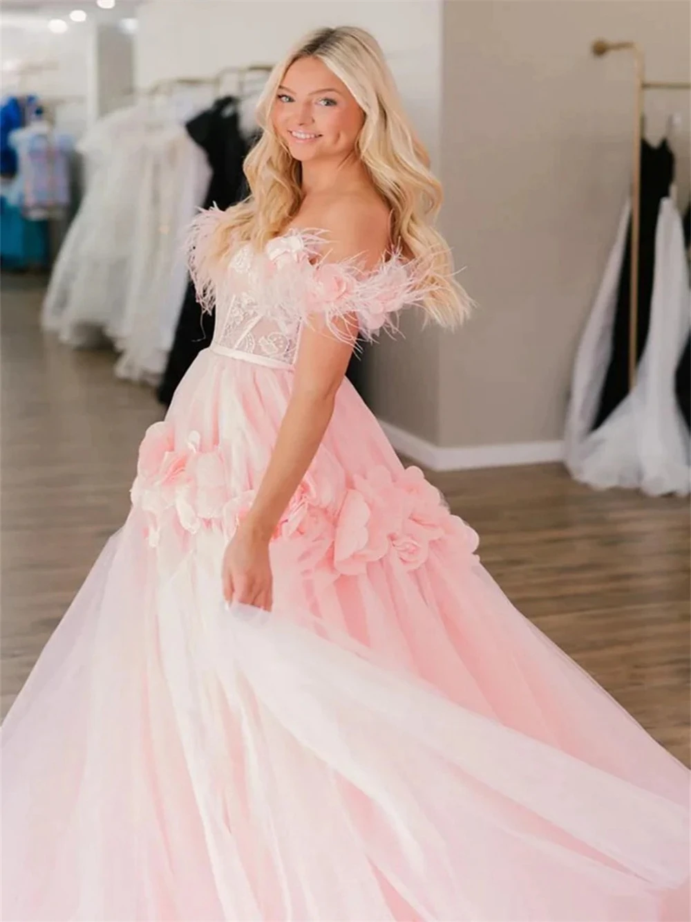 Vestido De fiesta De cóctel con cuello De corazón con apliques bohemios, flores 3D, plumas románticas, vestido De regreso a casa