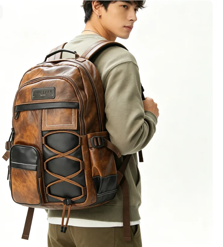 Retro Backpack Men Weight-reducing Straps mochilas for Men Fashion Cross Laces Men's backpacks Outdoor Waterproof Travel Bags 가방