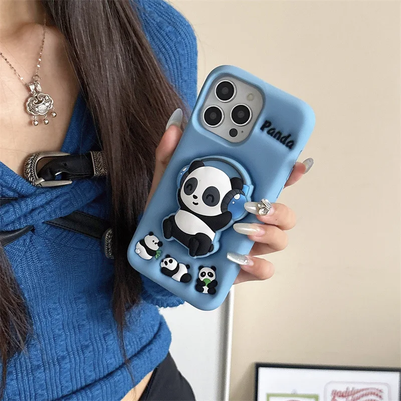 Coque de téléphone avec support télescopique en Silicone souple, casque de dessin animé Panda, étui de protection antichoc pour iPhone 15 14 16 13 12 Pro Max