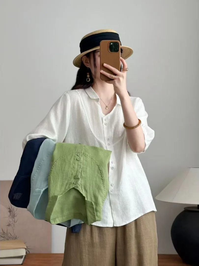 

Women's Casual Cotton Shirt Korean Style Commute Design Loose Fit Versatile Top Artistic Style Short Sleeve Turn-down Collar