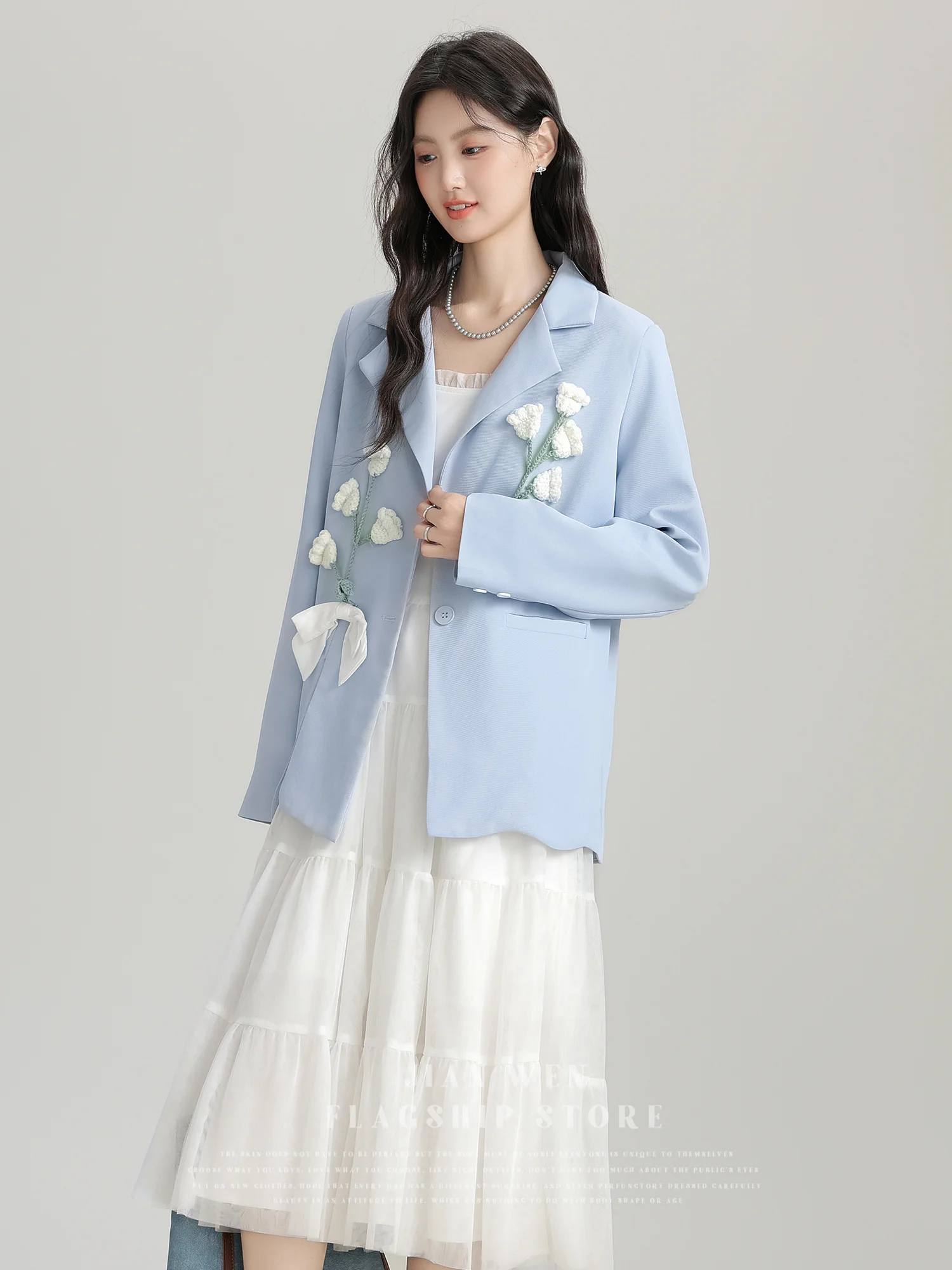

One-Button Basic Newest Fitting Beading Spring Summer Retro V-Neck Cardigan Turn-Down Mid-Length Covered Brown Cuff Embroidery