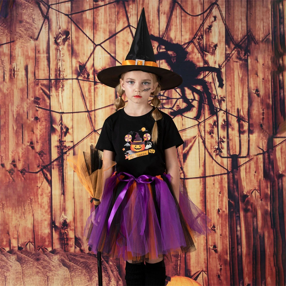 2023 Halloween Witch Costume Children\'s Rainbow Tutu Skirt + Hat Vampire Ghost Stage Performance Masquerade Party Clothing Set