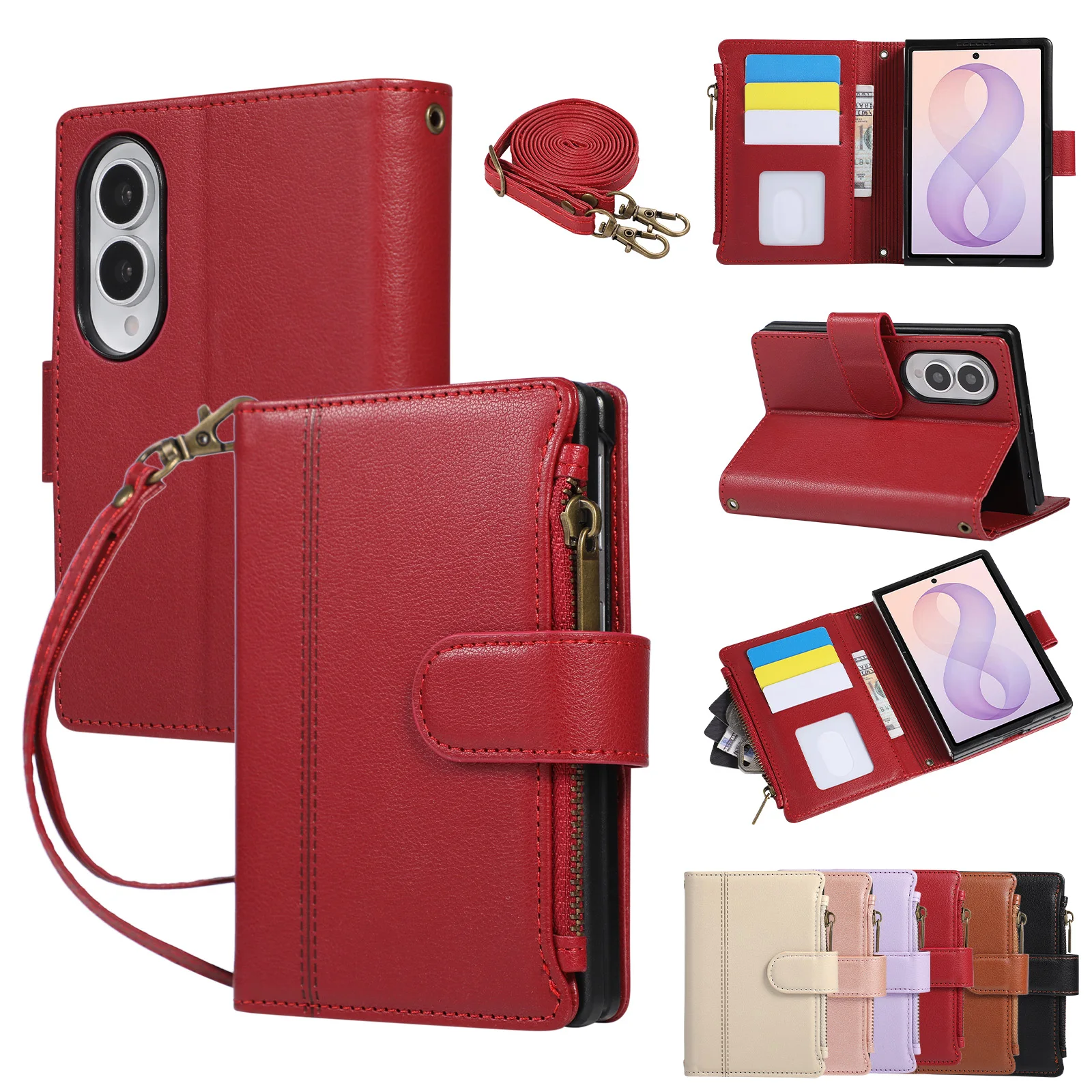 Zipper Wallet with Multi Cards Slot Holder Crossbody Wrist Strap Lanyard Phone Case For Samsung Galaxy Z Fold 8 Ultra 7 6 5 4 3