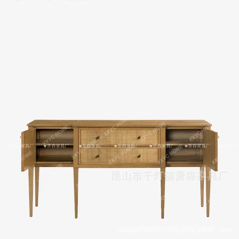 XXretro solid wood dining side locker, Chinese braided rattan side entrance cabinet, living room wall storage decorative cabinet