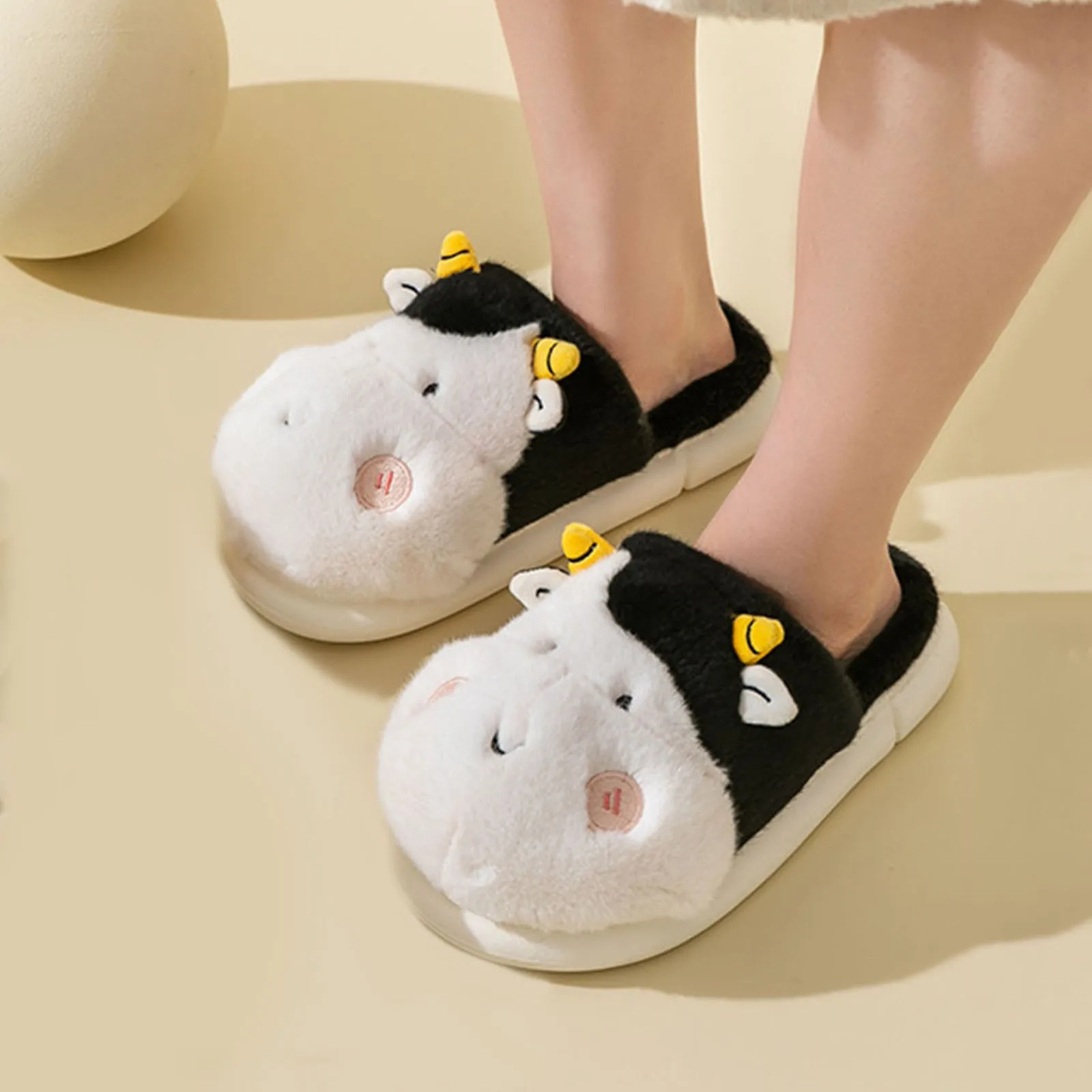 Kids Baby Boys Girls Winter Warm Slippers Children Cotton Cow Sheep Cartoon Print Non Slip Home Indoors Kids Short Plush Slipper