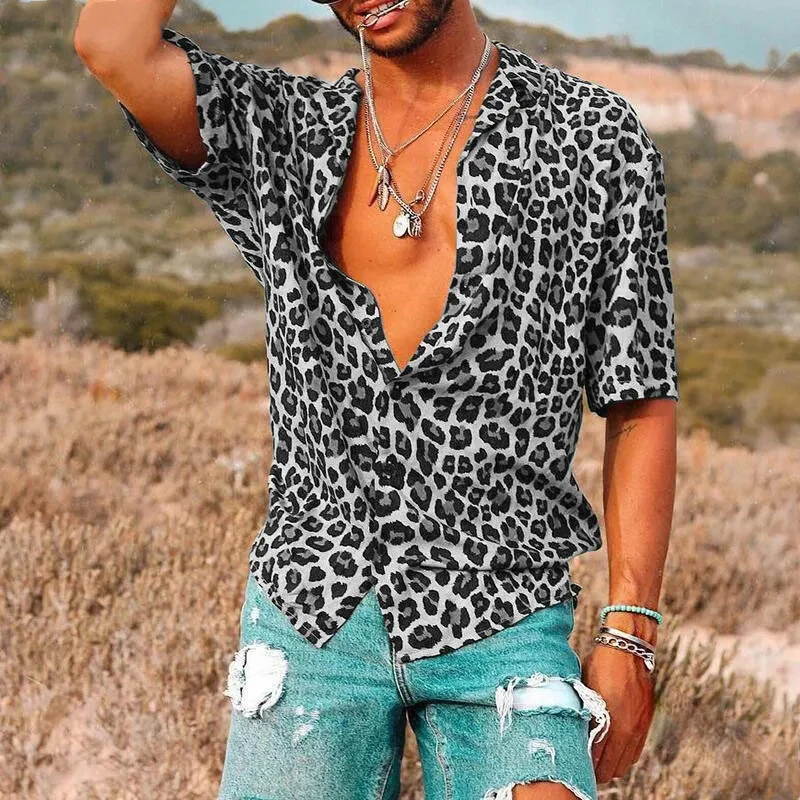 Summer Men's Leopard Print Shirt Fashion Trend Short Sleeve Casual Loose V-neck Button Top T-shirt Club Party Casual Top