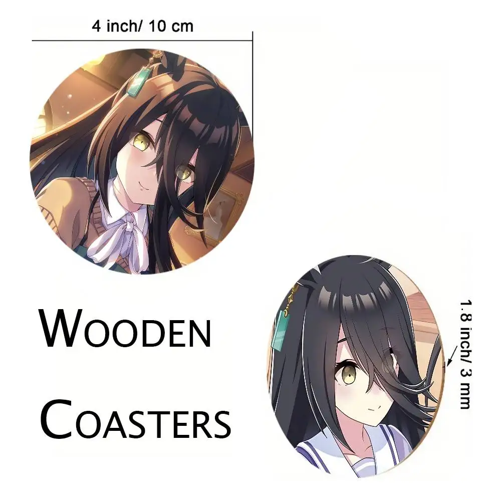 1pc Manhattan Cafe Anime Umamusume Pretty Derby Coasters 10cm Round Wooden Suitable For Drinks Tea Coffee Home Gift Holidays