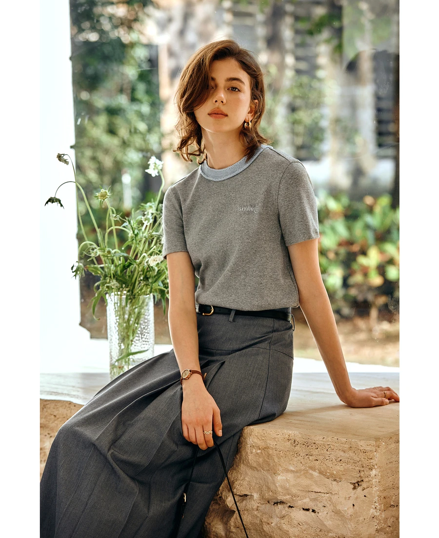 OLrain Dames Zomer T-shirt met korte mouwen 2025 Mode Contrastkleur Borduren Tee Klassieke Veelzijdige O-hals Top O57XT96862