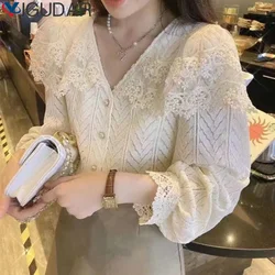 French style retro style Women Chiffon Button Shirt Chic Elegant Floral Lace Fluffy Long Sleeve Top Fashion Hollow Blouse 2024