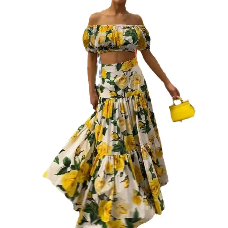 Skirt Set Women Two Piece Sets Print Floral Dress Sets Off Shoulder Short Sleeve Tops A Line Long Maxi Skirts Sexy High Waist