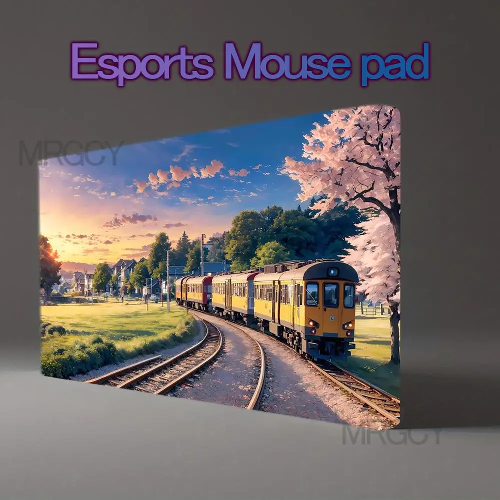 Large Anime Countryside Gaming Mouse Pad Sunset Cherry Blossom Train Rural Railway Meadow Dusk Sky pc accessories