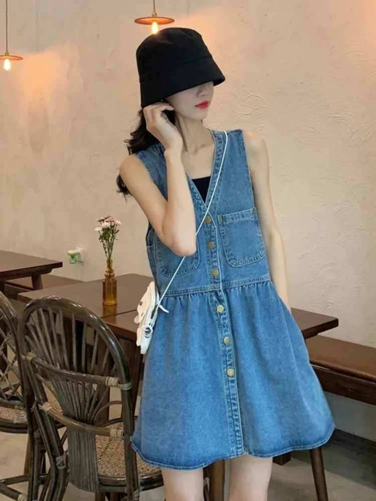 Suspender Dress Women Denim Short Dresses A Line Vestidos Single Breasted V Neck Sleeveless Elegant High Street Beach Summer - view 6