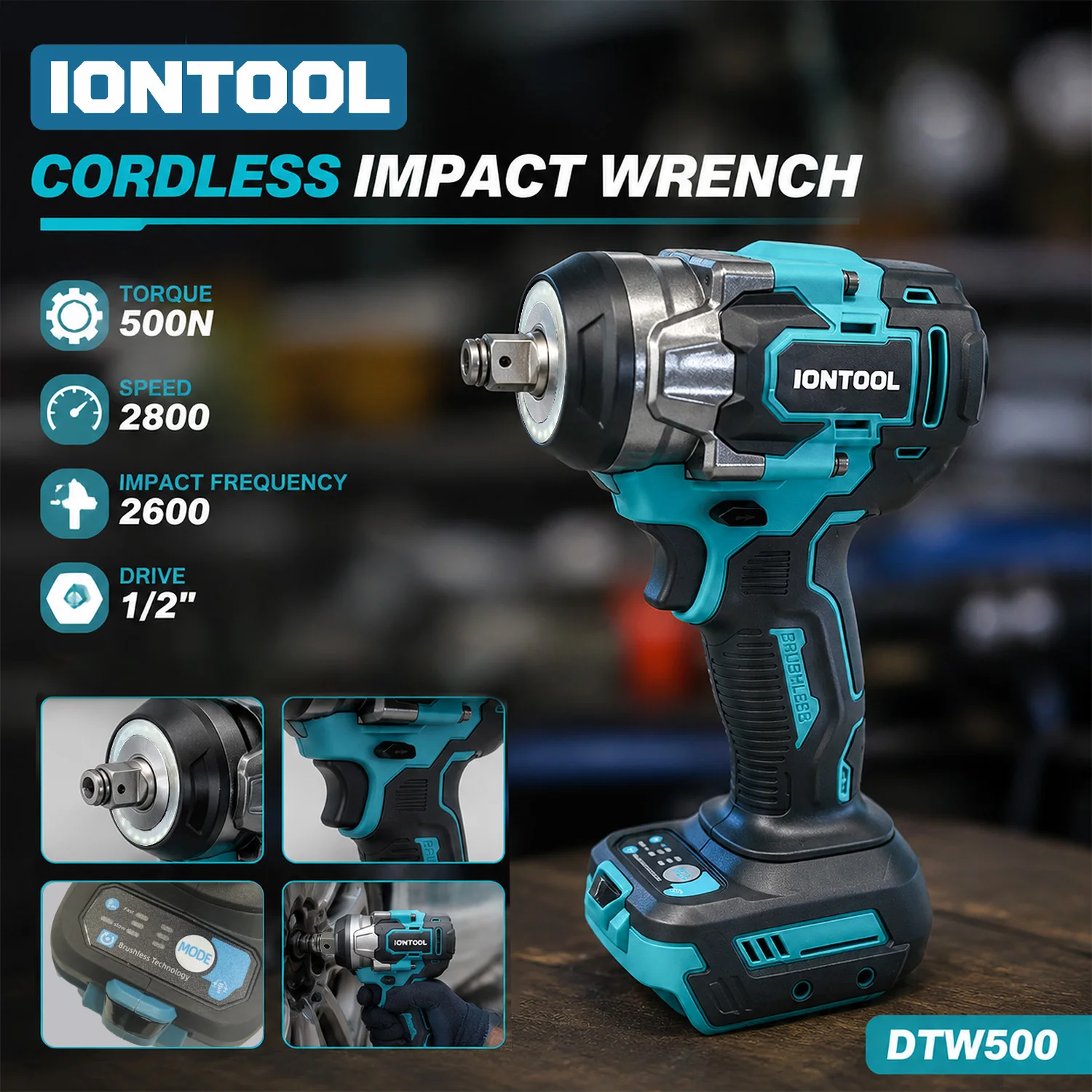 IONTOOL Brushless Cordless Impact Wrench 500N 1/2 Inch Drive Tire Removal Garage Repair DIY Tool Fit Makita 18V Battery