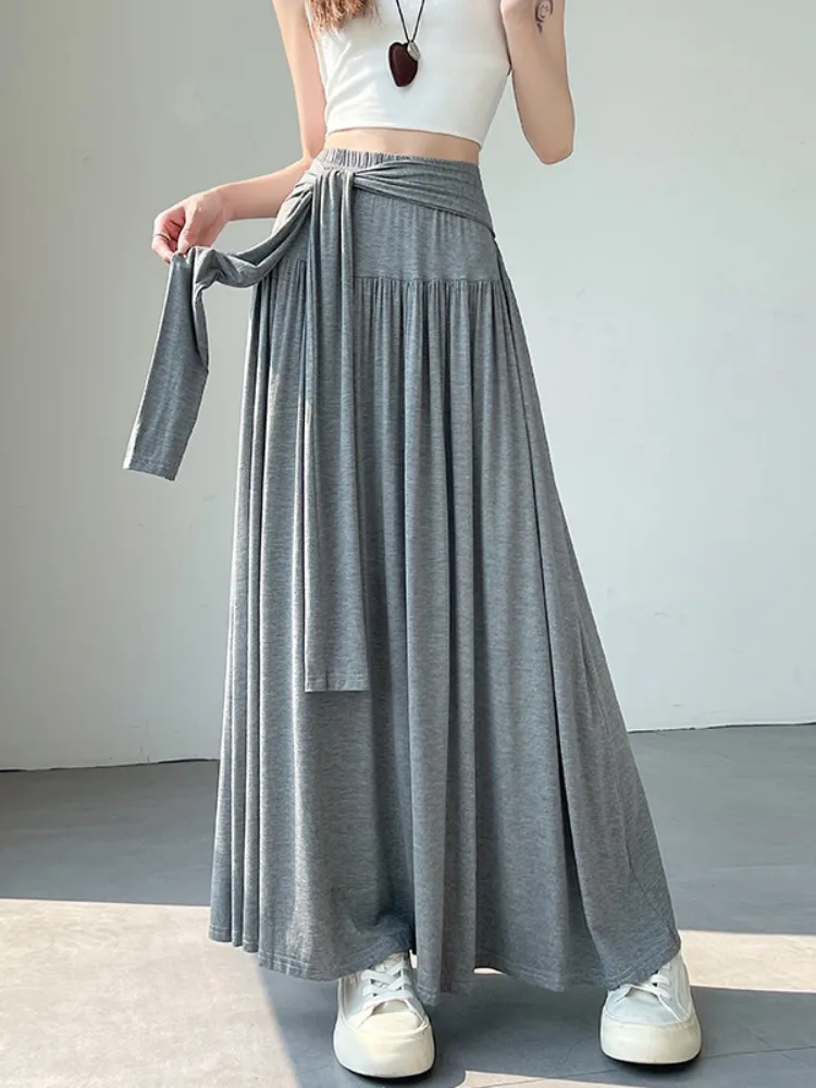 

Серая тонкая мягкая плиссированная длинная юбка из модального хлопка для женщин, весенне-летняя повседневная универсальная юбка в корейском стиле с поясом