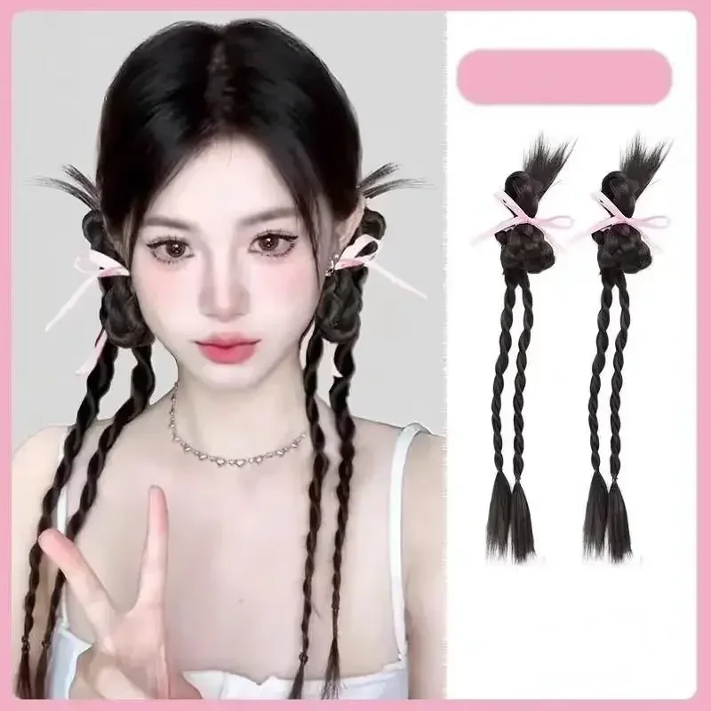 1PCS 42cm synthetic Ballet Style Pink Butterfly Ribbon Fried Dough Twists Braid Horsetail Wig for Women Fashion Hair Accessories