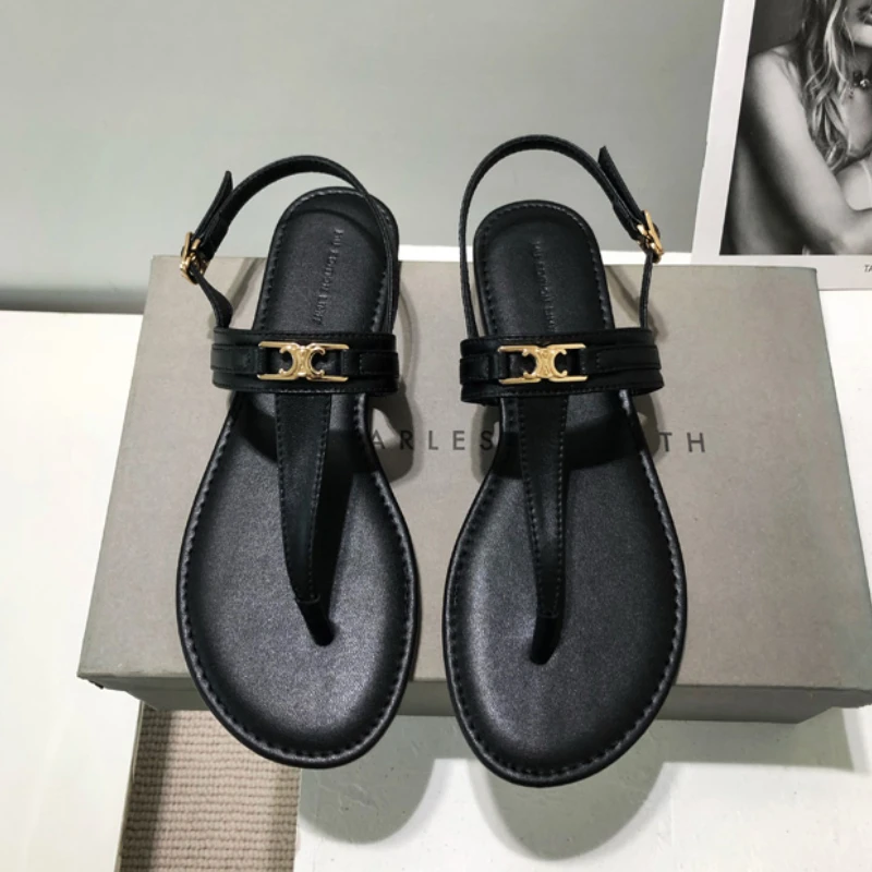 2025 summer new T straps simple sandals flat heel clip toes Roman flat outside wear sandals women image 2
