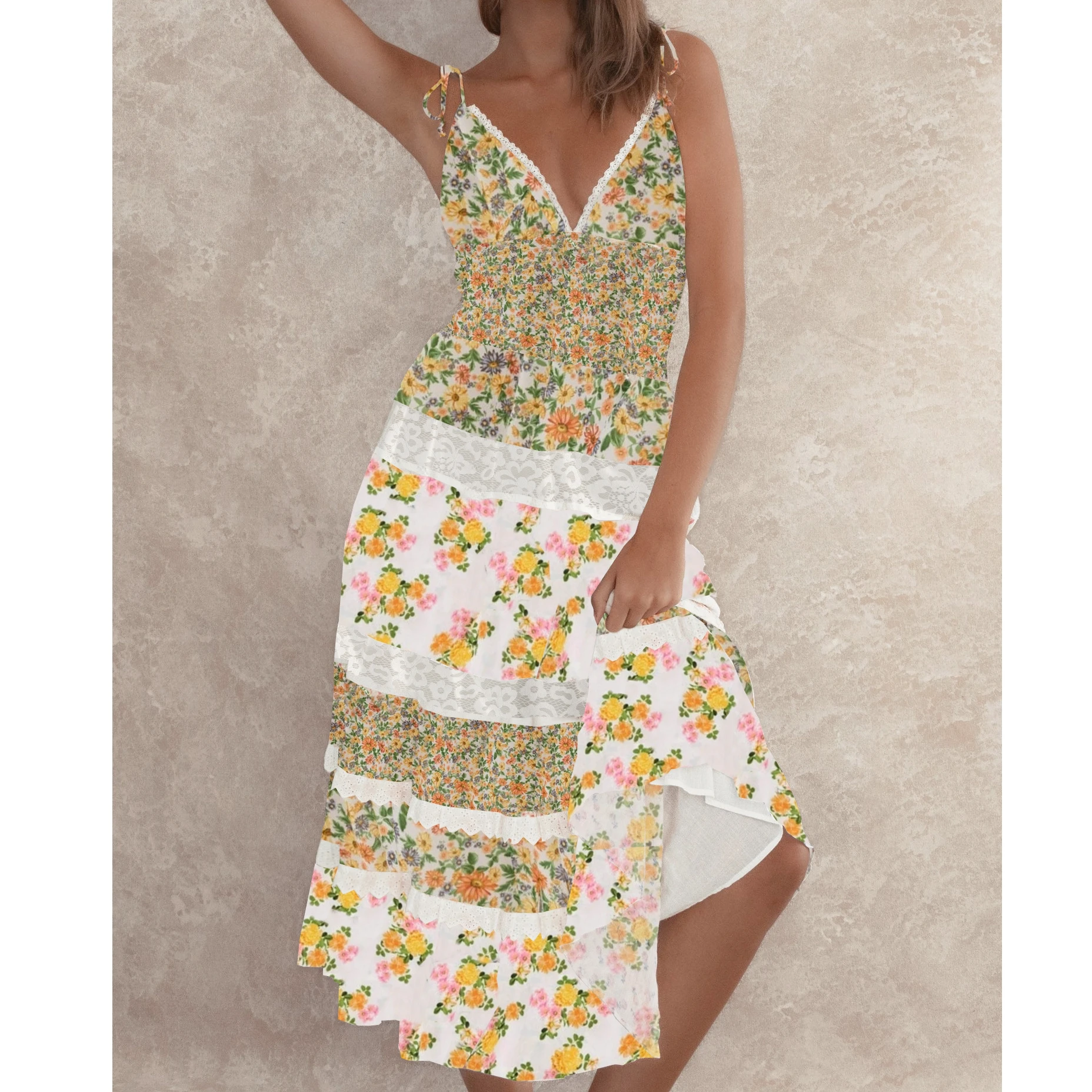 ผู้หญิงชุดยาวชายหาดดอกไม้พิมพ์ลูกไม้ Trim Tie-Up สปาเก็ตตี้สายรัด Cami ฤดูร้อนแฟชั่นชุดลําลองแขนกุด