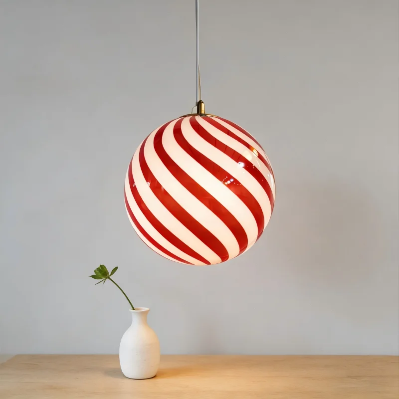 Modern Nordic Striped Glass Ball Pendant Light Minimalist Spherical Hanging Lamp for Bedroom Living Room Kitchen Island Decor