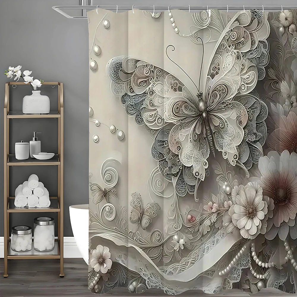 

Shallow Embossed Art Butterfly Flower Shower Curtain, Bathroom Decorative Shower Curtain, Waterproof Shower Curtain with Hooks
