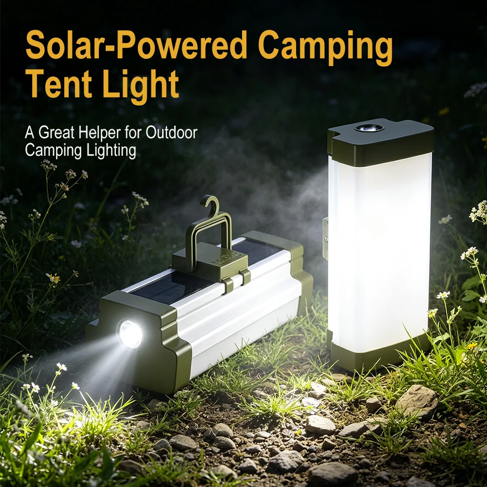 BORUiT Solar Tent Light Portable LED Camping Lantern Type-C Rechargeable Tent Lamp With Hook 3600Mah Power Bank Digital Display