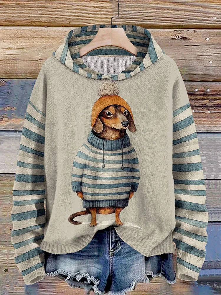 

Women's round neck sweatshirt Dachshund clothes printed striped patchwork hoodie trendy street wear