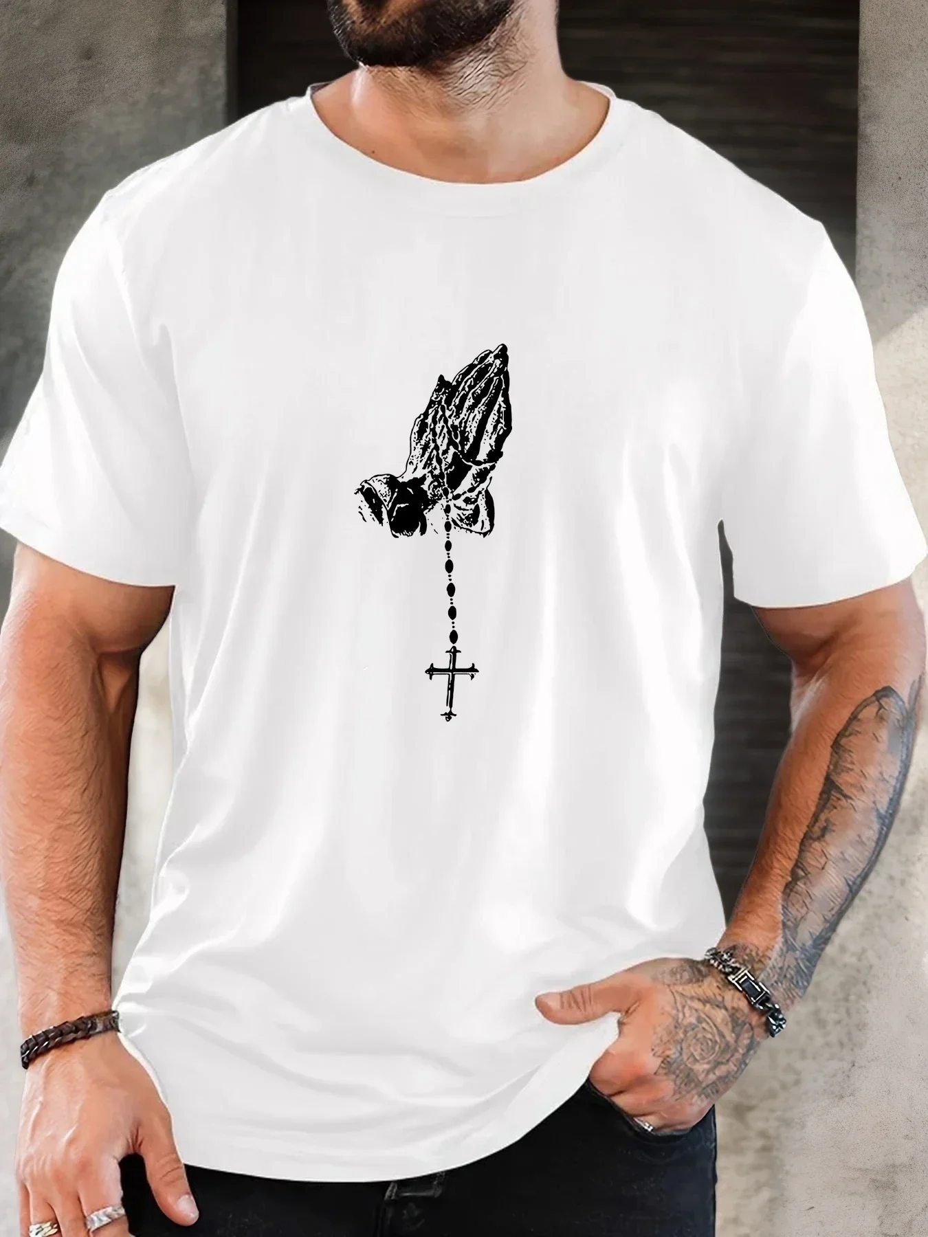 New Men White Crew Neck Tee Vintage Praying Hands Rosary Cross Print Religious Faith Believer Minimal Soft Cotton Male Tops