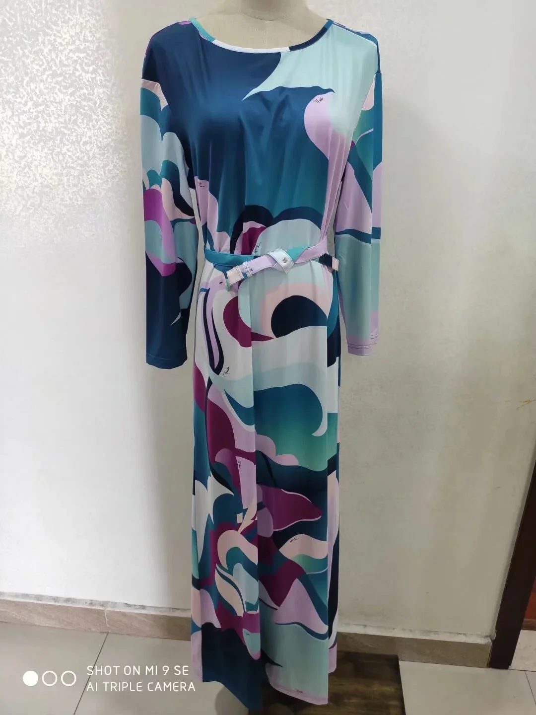 

Luxury Maxi Dress Women's Long sleeve Colorful Geometry Print Stretch Jersey Silk Spandex Long Dress