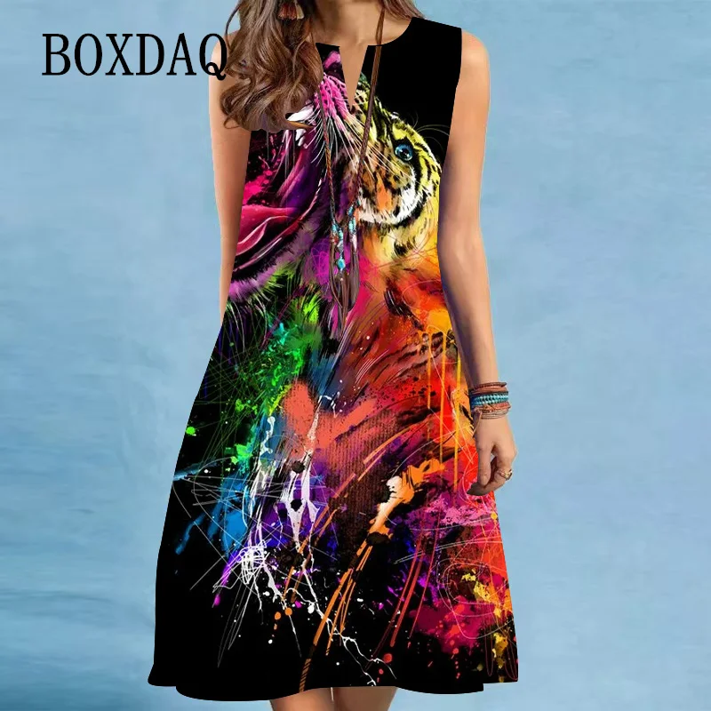 

Летний сарафан, последний тигр, 3D принт, крутое и забавное женское платье с v-образным вырезом, сексуальное свободное мини-платье без рукавов для пляжной вечеринки