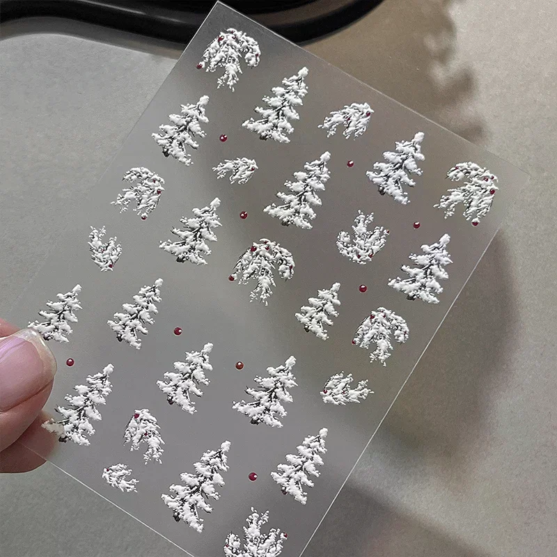 Embossed Christmas Tree Art Stickers 2025 New Simple White Polka Dot Nail Stickers Christmas Decoration