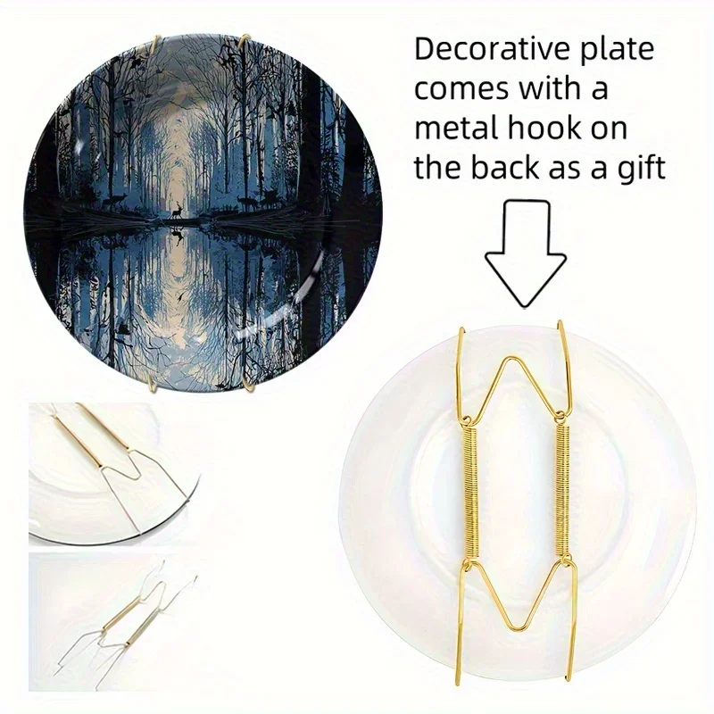 1pc Hand-Painted Ceramic Decorative Plate - Round Serene Lake & Tree Reflection Plate, Hand-Painted Landscape for Home Decor,