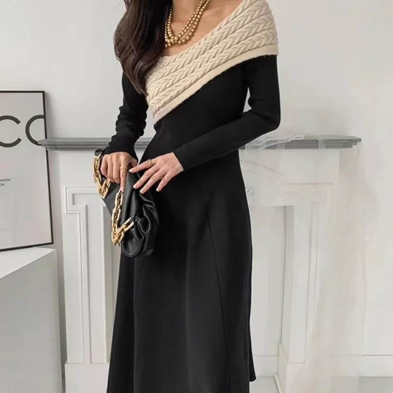 Chic Fashion Design Autumn Spring Knitting Midi Dress Elegant Women V Neck Black Patchwork Long Sleeve Slim Waist Sweater Dress