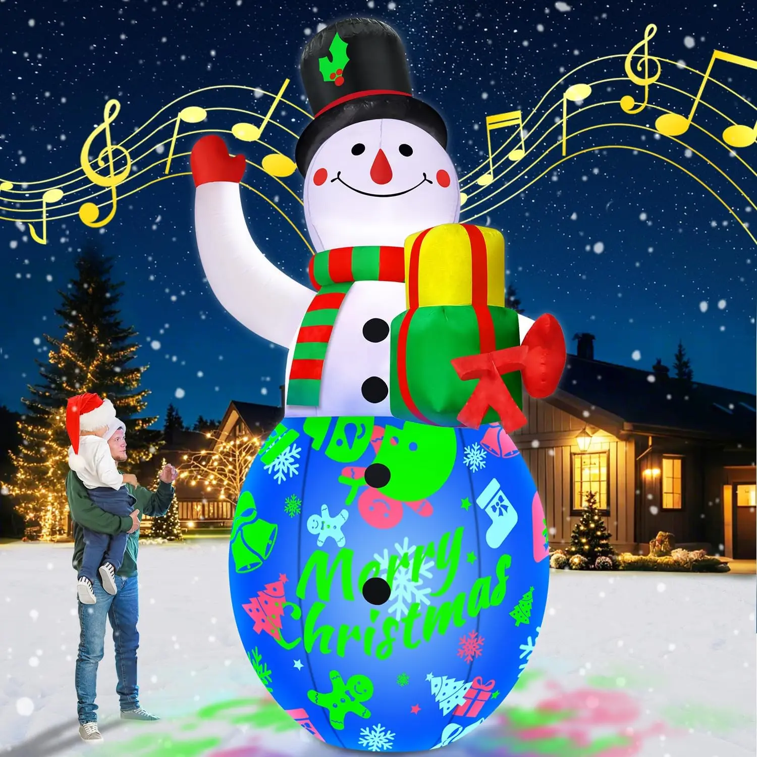 Giant 12FT Christmas Inflatable Snowman Yard Decoration with Jingle Bells Music Box, 360-Degree Rotating 3-Color LED Lights, Blow-Up Outdoor Holiday Display