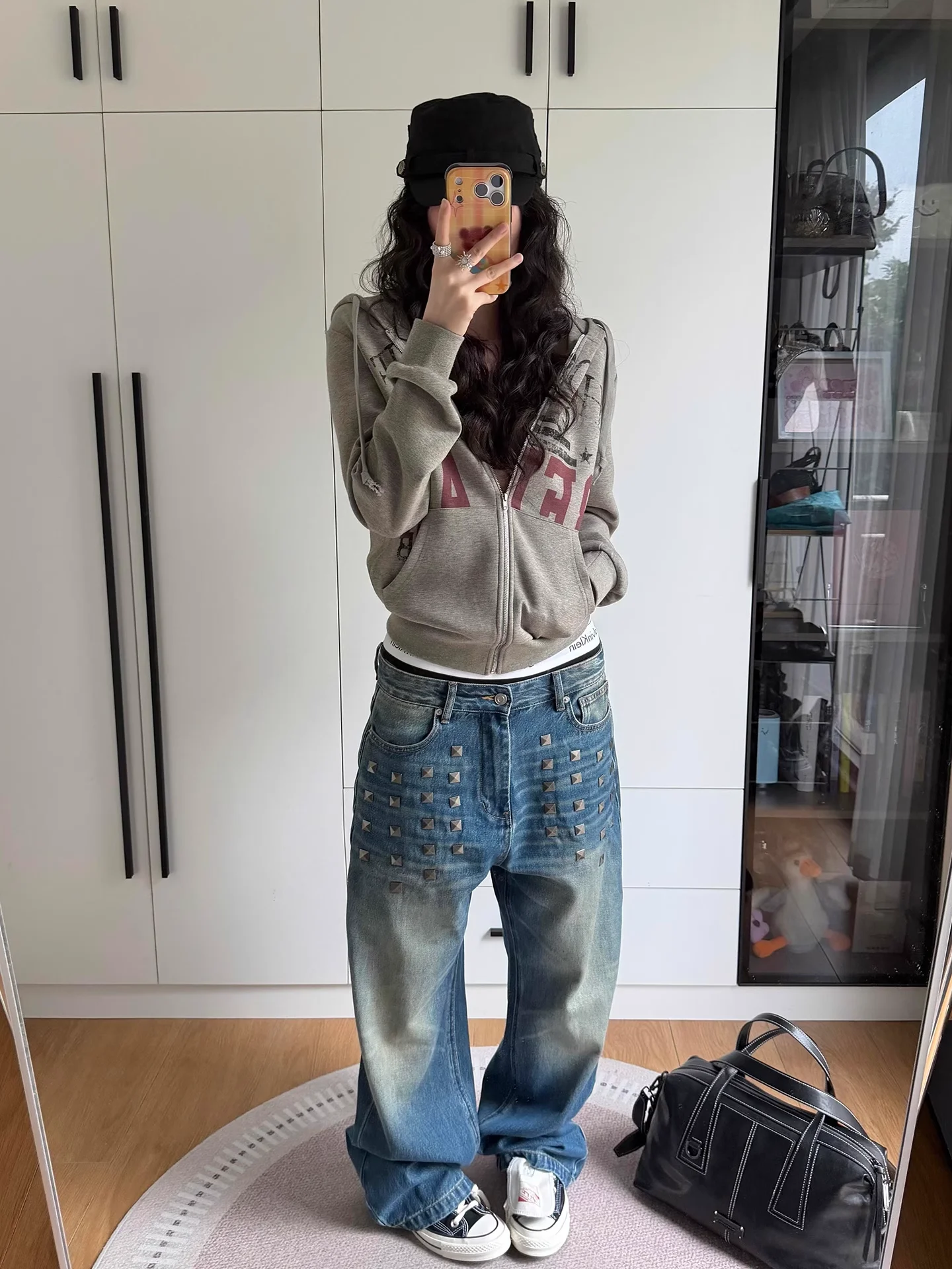Retro American Washed Straight Leg Jeans Men's Casual Dragged Floor Baggy Pants Rivet Detailing Cotton Polyester Blend