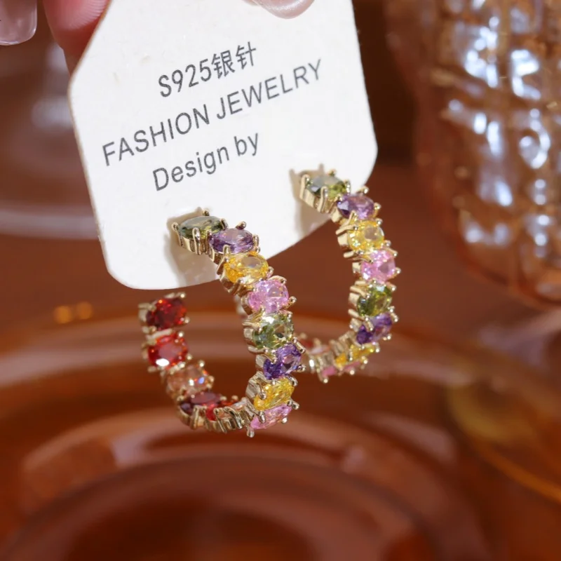 Korean new design fashion jewelry 14K gold plated C-type color oval zircon earrings elegant women's daily work accessories