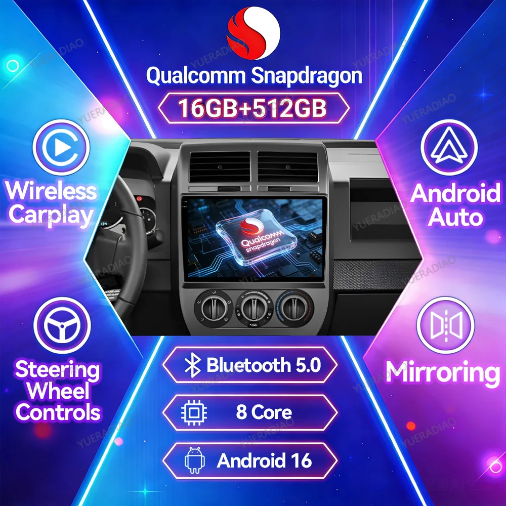 Android 16 Car Radio For Dodge Caliber Jeep Compass 1 MK Patriot 2006 - 2010 Multimedia Stereo Video Player 4G LTE 5G WIFI BT