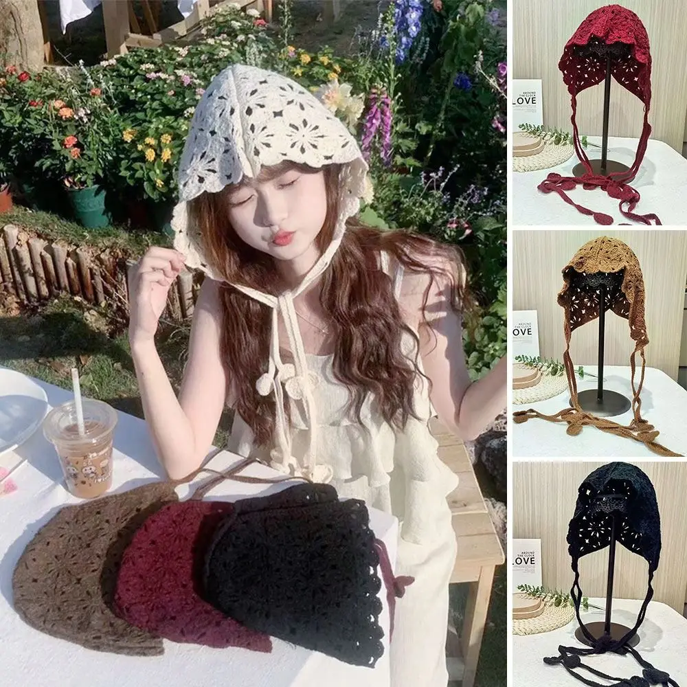 

Fashion Bohemian Summer Flower Hat Hand-knitted Crocheted Beret Cap Casual Hollowed Out Knitted Hat for Women