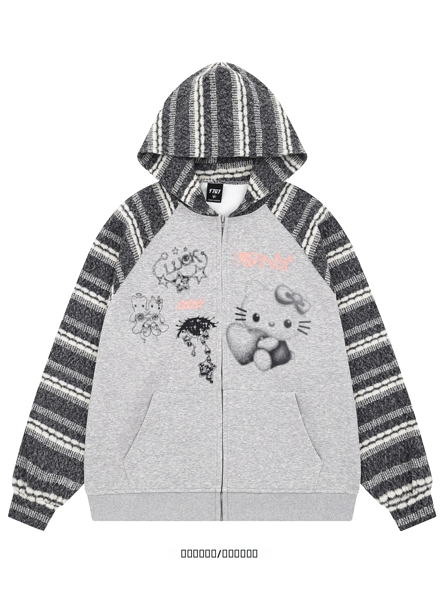 

Loose Knitted Hoodie Jaet Couples Cartoon Print Patchwork Breathable Autumn Winter Youth Faion Casual Long Sve Sweatirt
