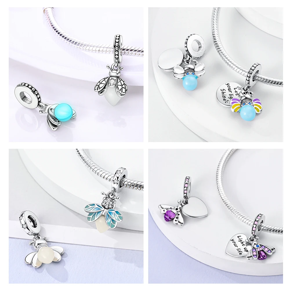 Silver Plated Glowing Luminous Firefly Charms Fit Original Pandora Charm Beads Pendent Dangle Bracelet DIY Women Jewelry Gift