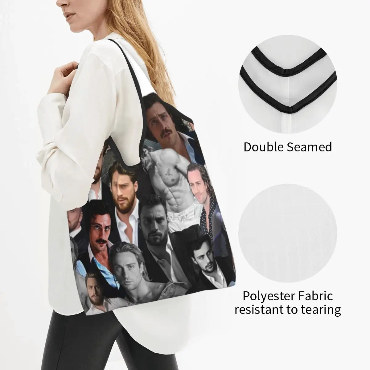 Aaron-taylor Johnson Photo Collage Portable Tote Shopping Bags Large Capacity Shopper Bag Groceries Handbag Shoulder Bag