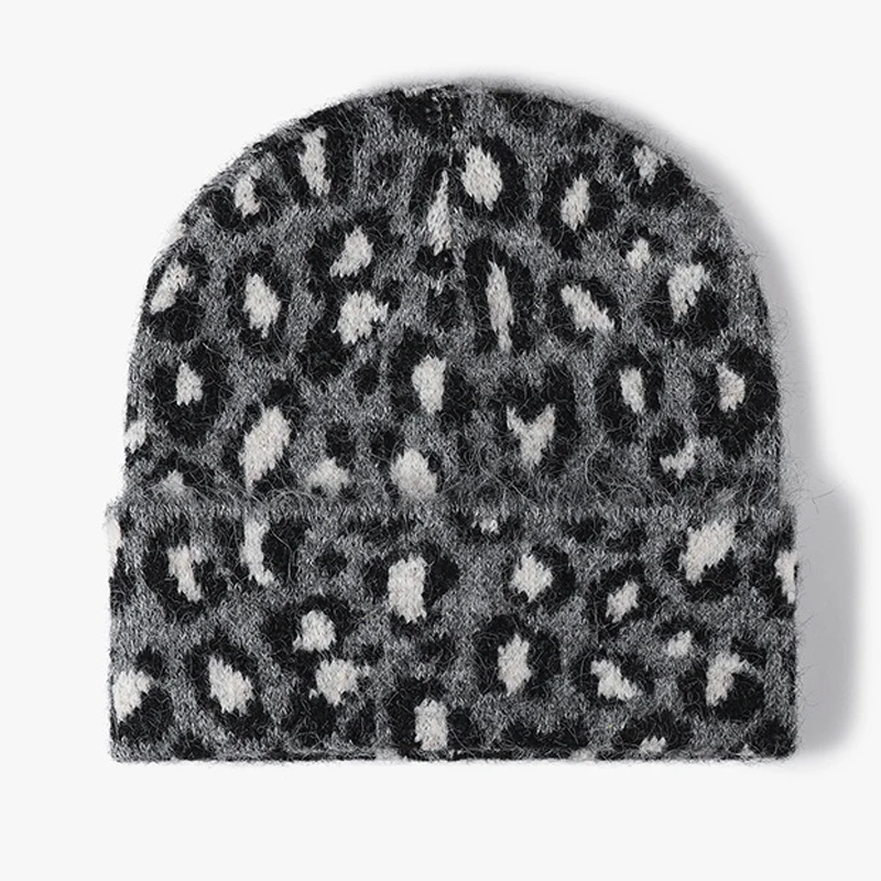 Women Wool Blend Leopard Pattern Knitted Beanie Retro Animal Print Fold Cuff Warm Fall Winter Hat