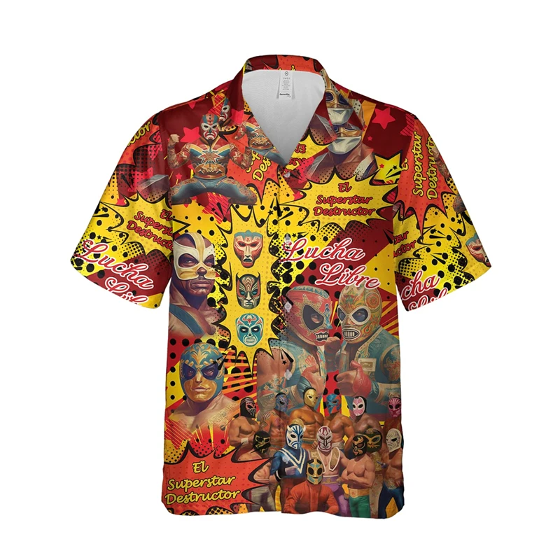 

Retro Mexico Wrestling Mask Hawaiian Shirt 3d Printed Lucha Libre Short Sleeve Lapel Blouse Summer Street Loose Men's Shirts