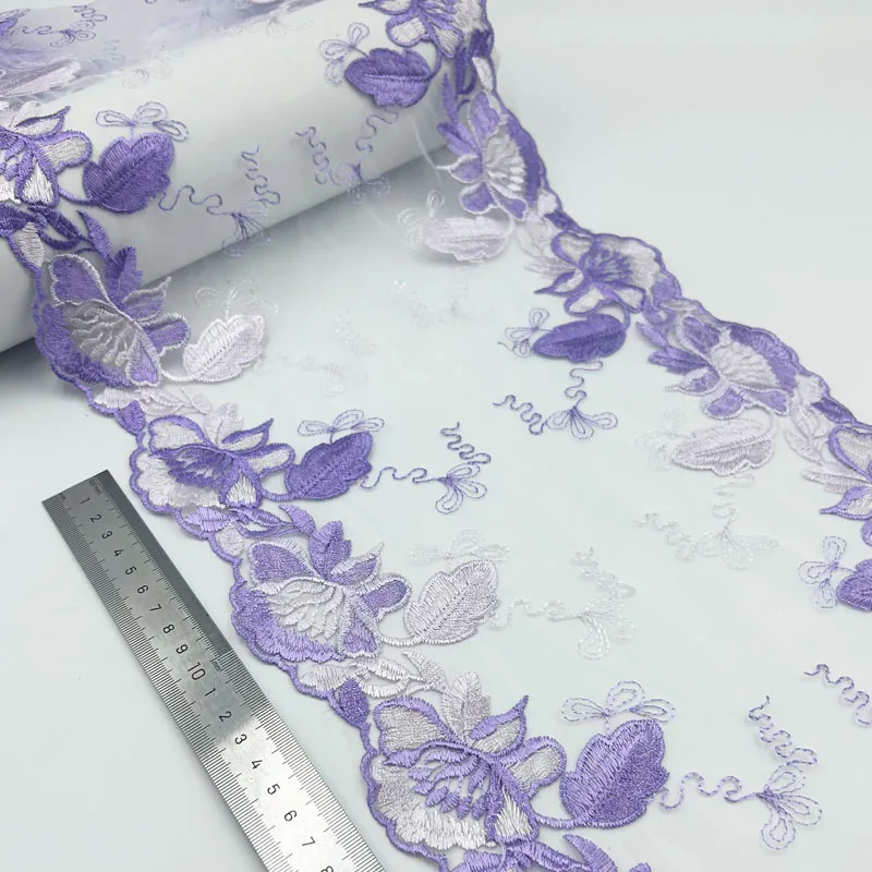 Purple Floral Embroidered Lace Fabric, Mesh Sewing Trimmings Supplies, Doll's Dress, Bra Garment Accessories, 20Yards