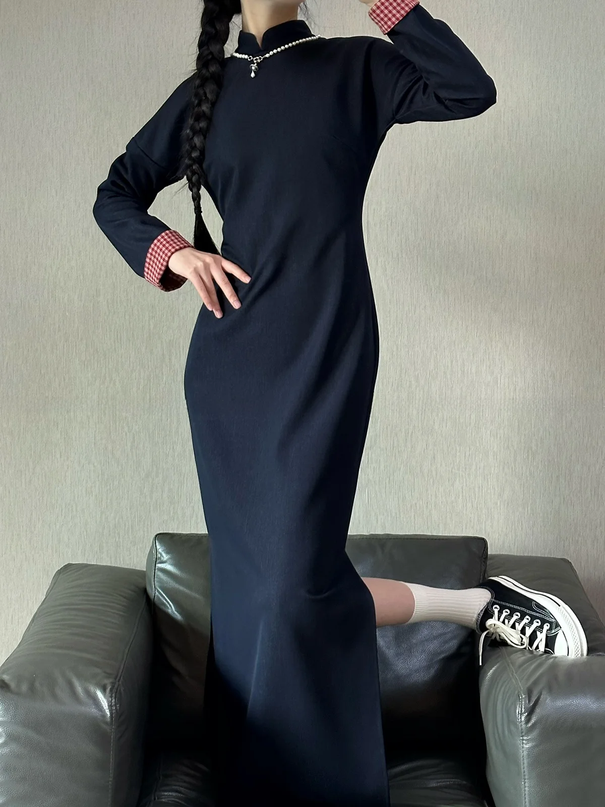 

Xu Zhi Xing Denim Red Plaid Long Sve Qipao Anti-Wrinkle Medium Thi Long Dr Simple Sle Daily Wear Low Slit China Made