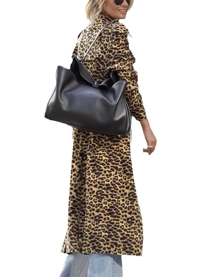 الخريف الشتاء ليوبارد طباعة معطف المرأة فضفاض غير رسمي طويل Sve بدوره إلى أسفل طوق Vintage ملابس خارجية كبيرة الحجم
