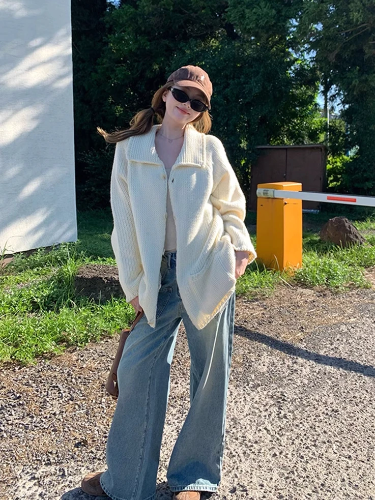 

i Color Collar Sweater Cardigan Women's Autumn Winter Lazy Medium Length Thi Knit Top Vintage Sle Loose Fit Soft Fabri...