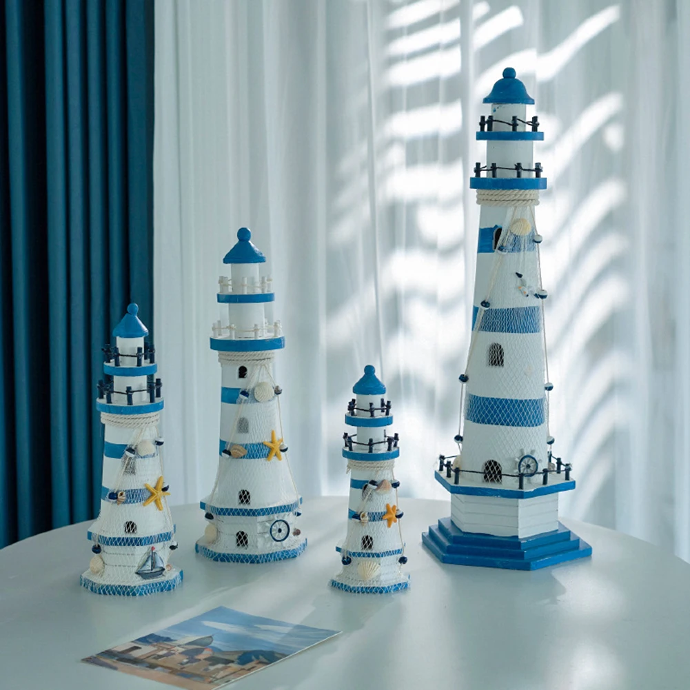 Blue And White Striped Large Rudder Lighthouse Marine Lighthouse Mediterranean Wooden Lighthouse Old Decorations Home Decoration