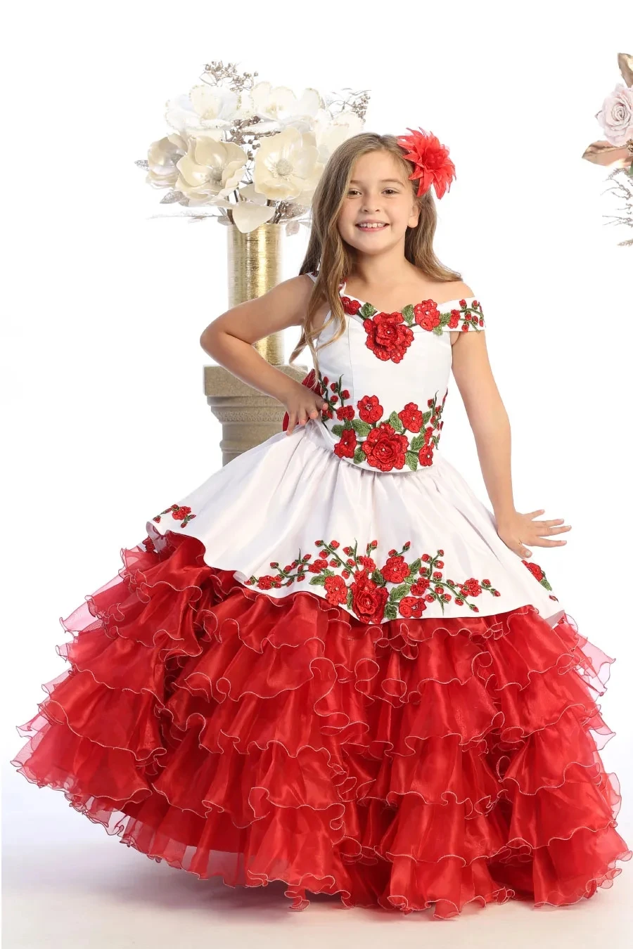 Vestidos Quinceanera vermelhos para meninas, Apliques Organza Tiered, Vestido de baile para casamentos, Vestidos Mexicanos Pageant para bebê