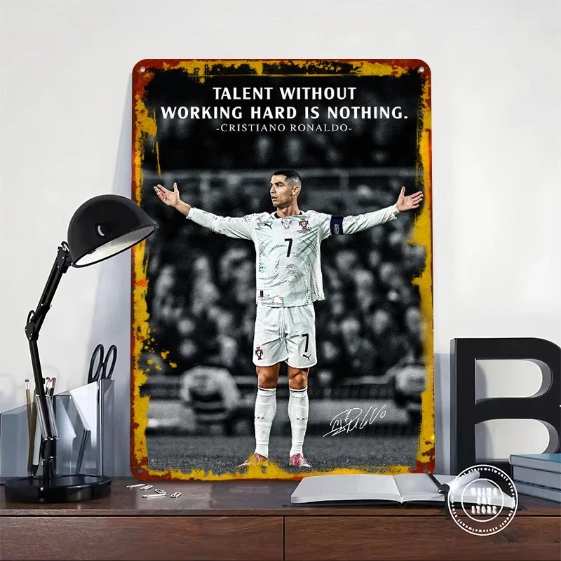 Cristiano Ronaldo: Talent and Hard Work Printing Poster Customized Retro Wall Art Vintage Metal Signs for Fans Coffee Bar Decor