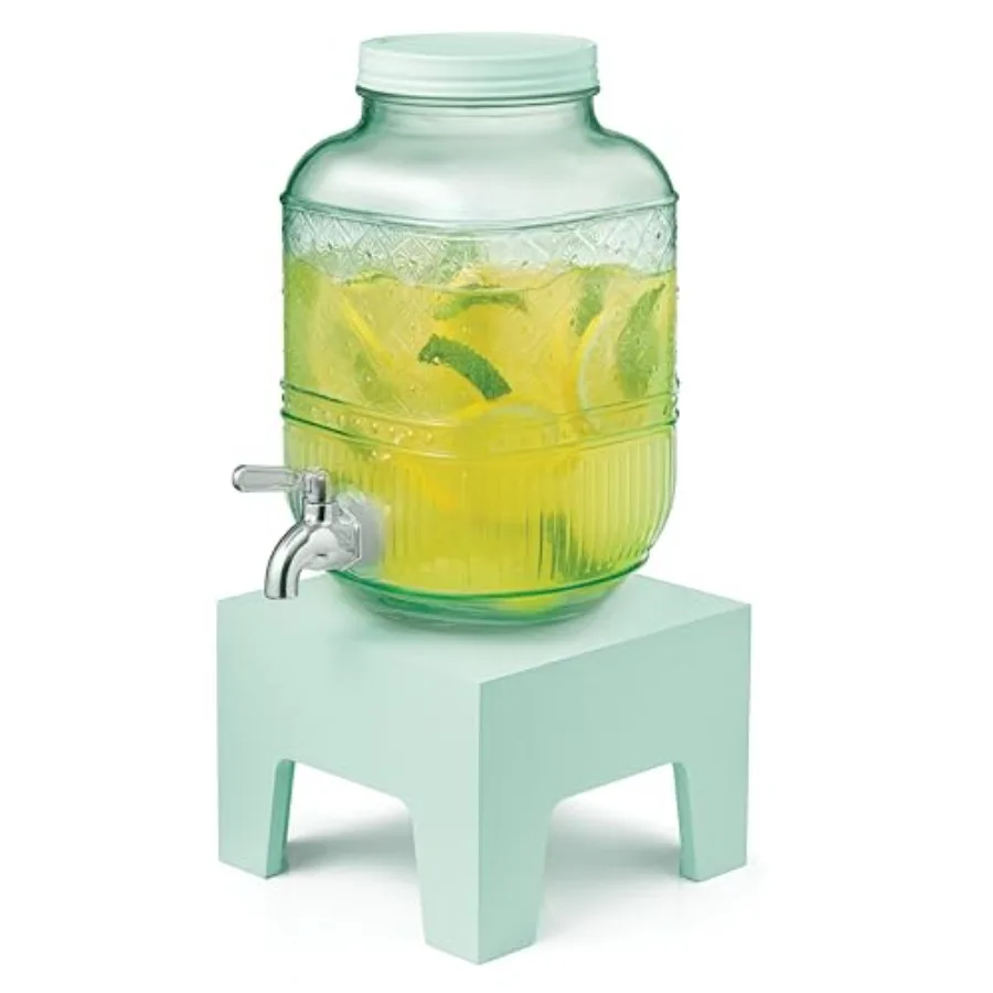 

Beverage Dispenser 1 Gallon Glass Drink Dispenser with Wooden Base Stand Wide Mouth Jar for Lemonade Iced Tea Infused Water Vin