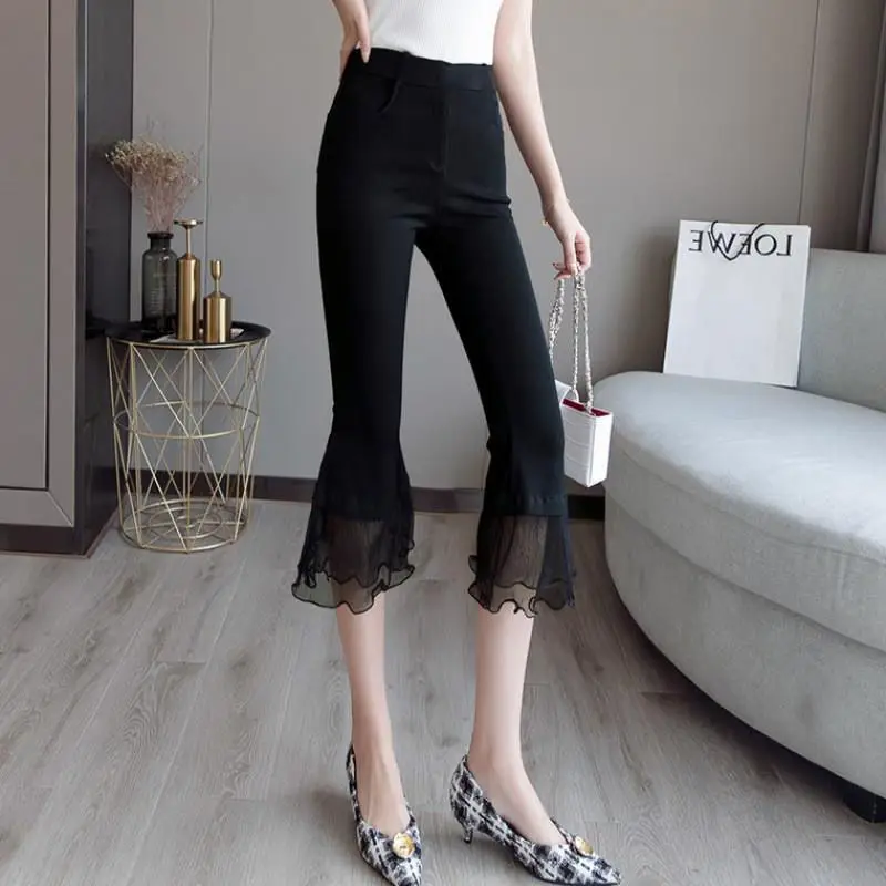 

Women Summer Simplicity Slim Fashion Appear Thin Solid Color Lace High Waist Cropped Pants Women Clothes Casual All-match Flare